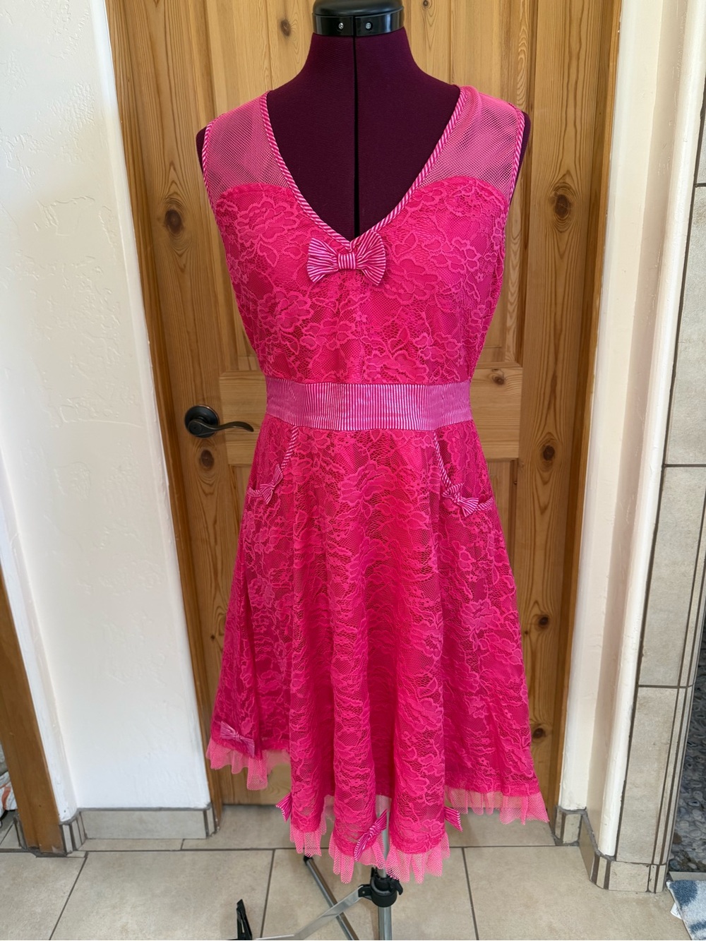 Sourpuss Bright Pink Lace Dress with Bow Trim